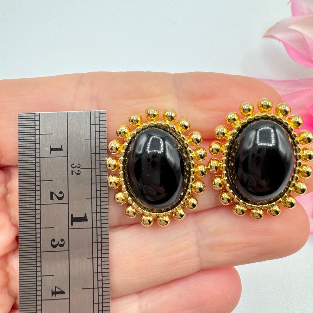 Vintage Erwin Pearl P.E.P. Signed Black Oval Cabochon Gold Tone Sputnik Earrings - Picture 4 of 7